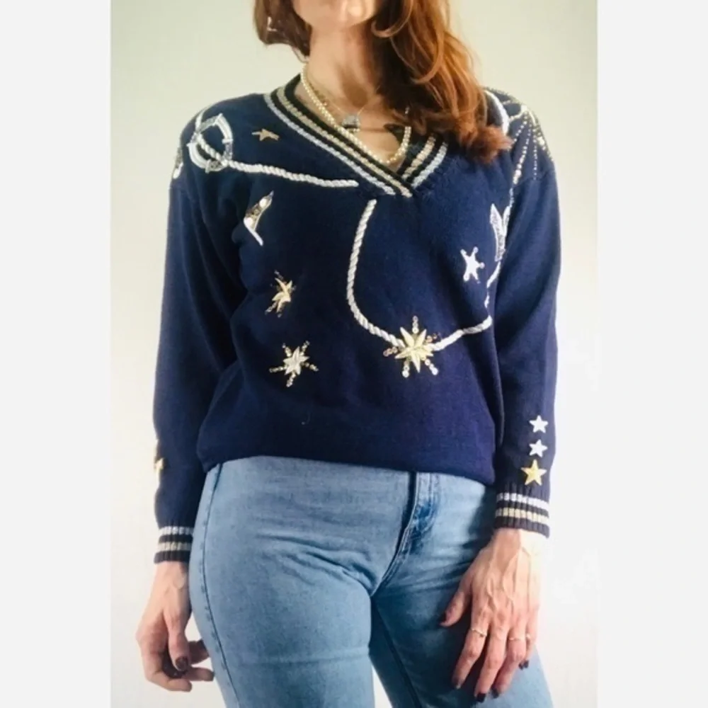 80’s Vintage ‘Joyce’ Nautical Theme Embellished V-Neck Sweater
